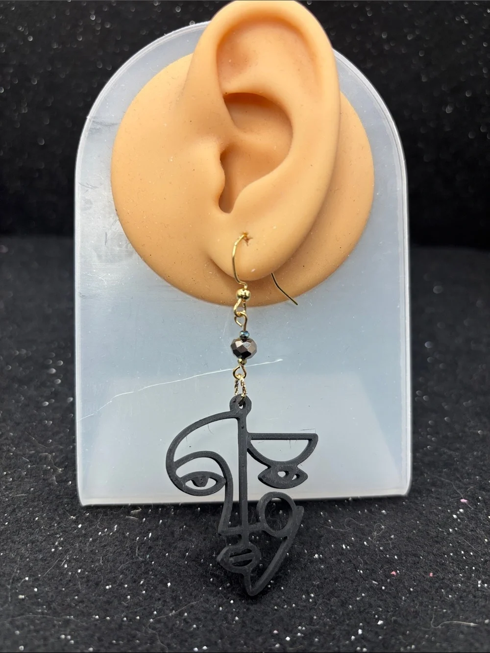 Abstract Face Drop Earrings - Black with Green Accent - Picture 4 of 5